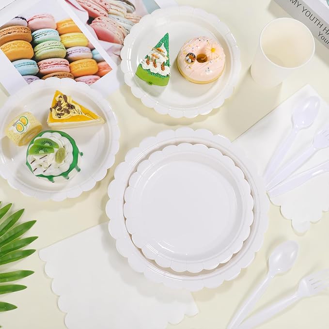 175 Pcs White Paper Plates and Napkins, 25 Guest White Party Supplies Include Scalloped Plates Paper Napkin Cup Plastic Spoon Fork Knive for Baby Shower, Wedding, Birthday