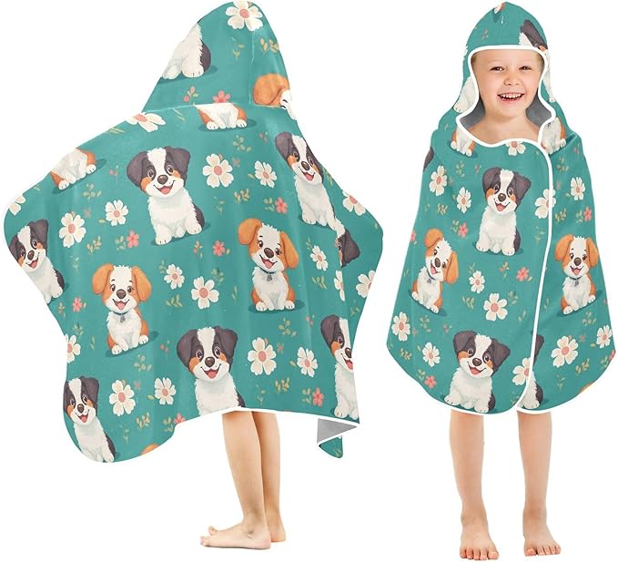 Kids Hooded Beach Towel Cartoon Cute Dog Turquoise Boys Hooded Beach Towel Soft Toddler Bath Towels
