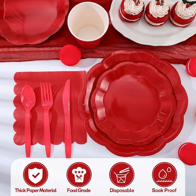 NatNarr 175 Pcs Red Paper Plates and Napkins Set Include 9" Dinner Plates, 7" Dessert Plate Disposable Scalloped Tableware Serve 25 Guest for Wedding Baby Shower Bridal Shower Birthday