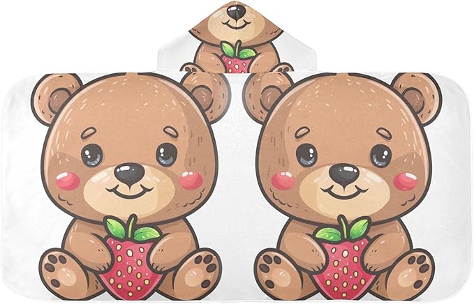 Hooded Towel for Kids Little Bear with Strawberry Beach Wrap Bath Towels 50x23.5in