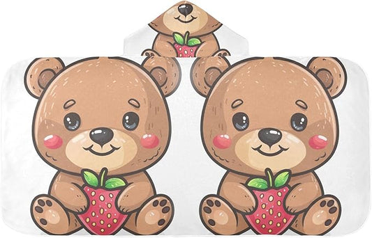 Hooded Towel for Kids Little Bear with Strawberry Beach Wrap Bath Towels 50x23.5in