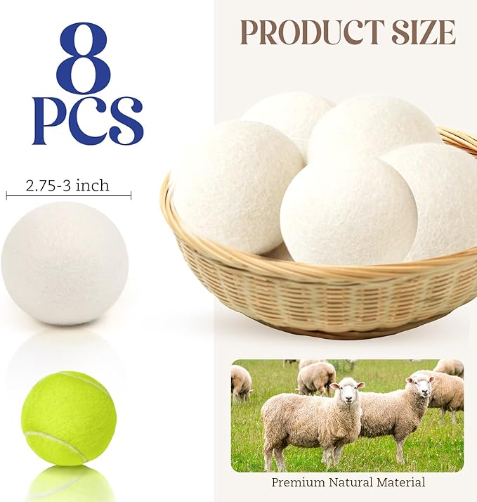 Wool Dryer Balls, New Zealand Dryer Balls Laundry Reusable Reduce Static Cling, Dryer Ball to Reduce Wrinkles & Shorten Drying Time, Drying Balls Fabric Softener Ball for Laundry（Pack of 8)