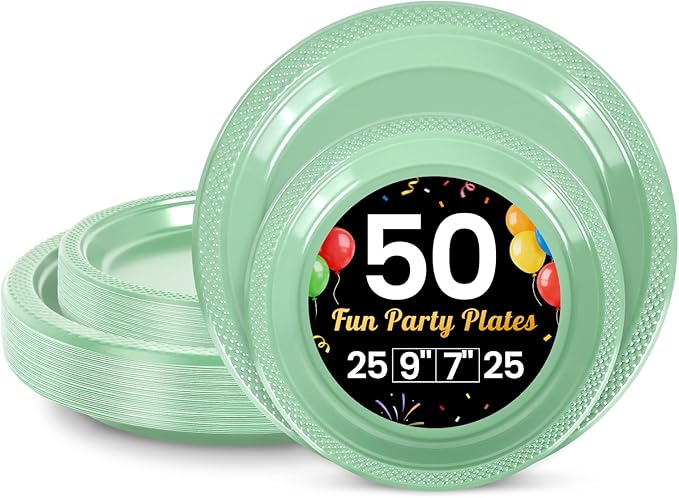 LANLISA 50 Pcs Sage Green Plastic Plates For Party, 25-9" & 25-7" Disposable Cake Dessert Plates For Birthday, Baby Shower Decorations, Easter Dinner