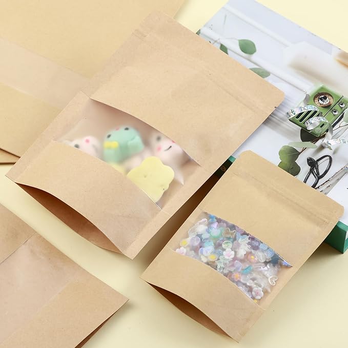 150 Kraft Mylar Bags for Food Storage 6X9 Mylar Bags with Window Candy Packaging Resealable Bags Reclosable Small Stand Up Pouches Edible Packaging, Kraft Paper Bags for Small Business