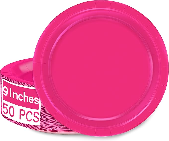 QZYL 50 PCS Paper Plates, Cerise Heavy Duty Party Plates, Round 9 Inches Disposable Paper Dinner Plates, Everyday Use Paper Plates Set for Daily Meals Wedding Christmas Picnic Supplies