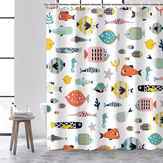 RosieLily Kids Bathroom Shower Curtain, Cartoon Fish with 12 Hooks, Waterproof Colorful Animal Cartoon Fish Bathroom Decor, 72x72 Inch