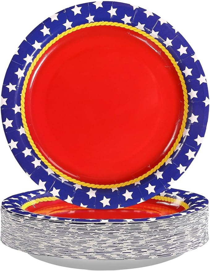 50Pcs Red White and Blue Round Paper Plates 9 Inch Super Theme Hero Red Stars Birthday Dessert Plates Girl Hero Theme Party Decorations for Women Girls Super Patriotic Labor Day Party Decorations