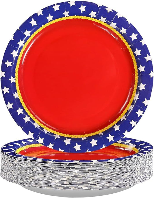 50Pcs Red White and Blue Round Paper Plates 9 Inch Super Theme Hero Red Stars Birthday Dessert Plates Girl Hero Theme Party Decorations for Women Girls Super Patriotic Labor Day Party Decorations