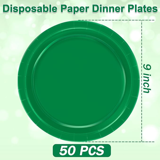 QZYL 50 PCS Disposable Paper Plates, 9 Inches Dinner Paper Plates Set, Green Heavy Duty Tableware, Round Dinnerware for Daily Use Picnic Anniversary Birthday St Patricks Day Party Supplies
