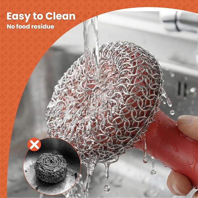 Cast Iron Scrubber with Long Handle | 316 Cast Iron Cleaner Chainmail Scrubber for Cast Iron Pan Skillet Cleaner - Dish Scouring Pad Dishwasher Safe Cleaning Kit (Red, 1 Scrubber + 1 Scraper)