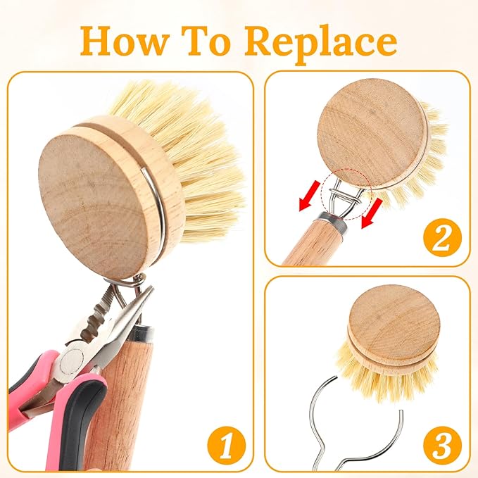 12-Piece Wooden Kitchen Dish Brush Set with One Bamboo Handle & 11 Replacement Heads, Natural Fiber Scrubber for Pots Pans Bottles Vegetables Cleaning