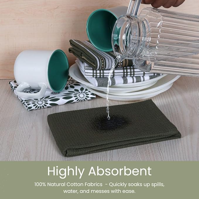 Assorted Kitchen Towels Large 16x26 inch 100% Cotton Set of 5 - Soft Absorbent Washable Tea Towel for Kitchen - Dish Cloths Towel with Hanging Loop - Quick Drying Dish Towels Green