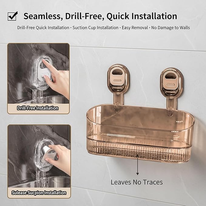 DDRIC No-Drill Bathroom Suction Storage Box, Large Capacity Bathroom Hanging Suction Storage Box with Strong Load Bearing, Removable Suction Cup Shower Caddy Organizer for Wall (1PC-B)