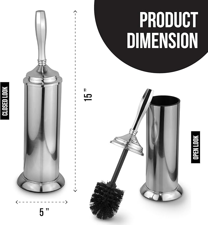 Splash Home Kolva Stainless Steel Toilet Brush with Holder, Bowl Scrubber with Durable Cleaning Bristles, Hidden Brush with Splash Protective Disc Design - Chrome