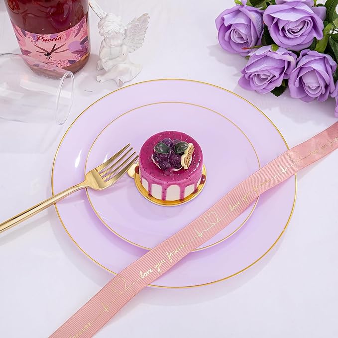 PULOTE 100PCS Purple Plastic Plates Disposable - Include 50 Dinner / 50 Dessert Plates Heavy Duty for Party, Wedding&Birthday