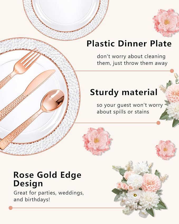 Ciaell 350PCS Rose Gold Plastic Plates - Clear Rose Gold Disposable Plates with Plastic Silverware include 100Plates, 150Silverware, 50Cups, 50Napkins for Wedding & Party