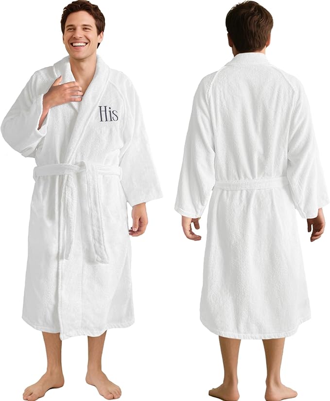 VOOVA & MOVAS Towel Robe for Men,Premium 100% Cotton Terry Shawl Collar Super Absorbent Bathrobe, Ideal Bathroom Robe,White with His