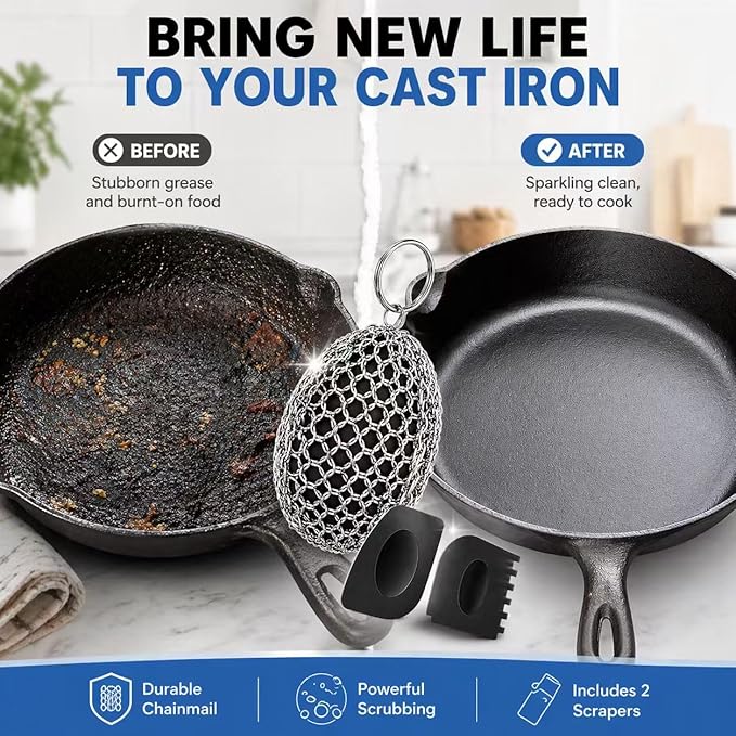 Cast Iron Scrubber Chainmail, 316 Stainless Steel Pot Cleaner with Pan Scraper, Heavy Duty Rust Remover for Cast Iron Skillet, Grill, Dutch Oven – Dishwasher Safe, Heat Resistant Kitchen Cleaning Tool