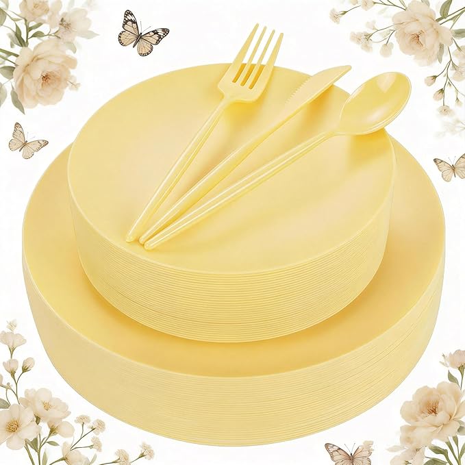 ejonirinjonir EI 150pcs Yellow Plastic Plates,Heavy Duty Bright Disposable Plate,Fancy Plastic Plates for Party,Yellow Dishes for Wedding,Easter,Afternoon Tea Party,Spring