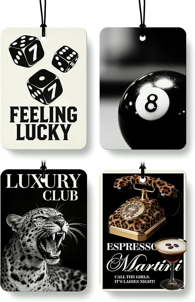 Vintage Leopard Print Orange Citrus Car Air Freshener 4pcs, Retro Cheetah Luxury Club Black Lucky 8 Ball Dice Martini Hanging Scents Car Accessories Interior Mirror Decor for Women Girls