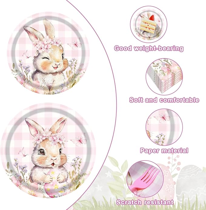 100 Pcs Easter Gingham Tableware Party Supplies - Disposable Pastel Plaid Bunny Dinnerware Set with Paper Plates and Napkins for Spring Parties,Easter Celebrations,and Holiday Gatherings - Serves 25