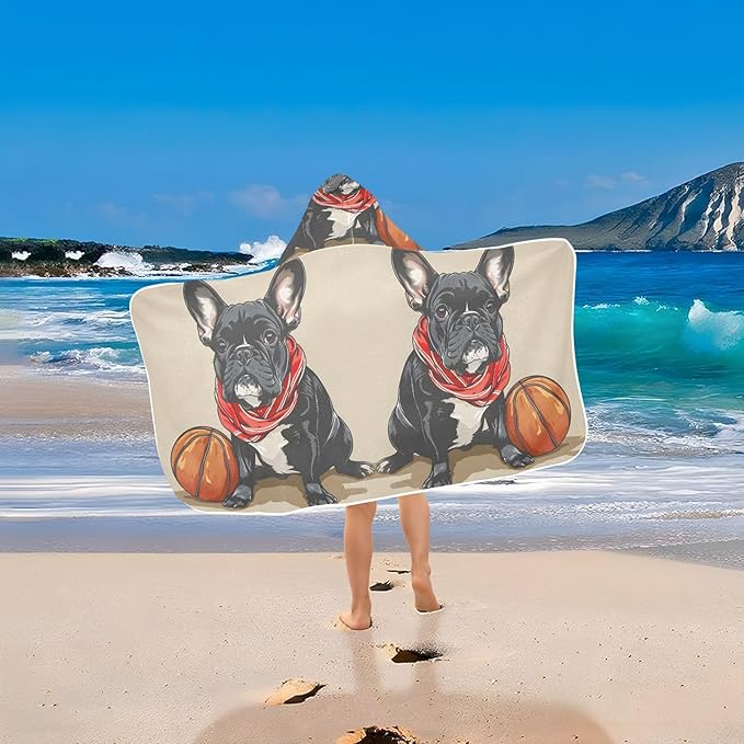 Hooded Towel for Kids Bulldog and Basketball Beach Wrap Bath Towels 50x23.5in