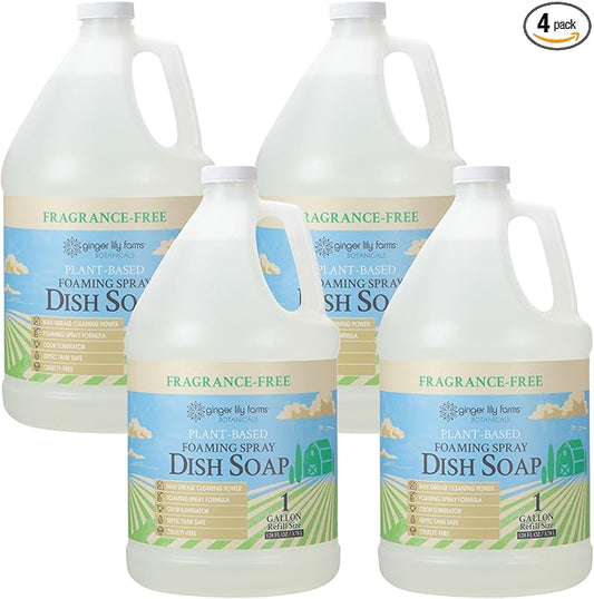 Ginger Lily Farms Botanicals Plant-Based Foaming Spray Dish Soap, Concentrated Formula with Max Grease Cleaning Power, Cruelty-Free, Fragrance-Free, 1 Gallon (Pack of 4)