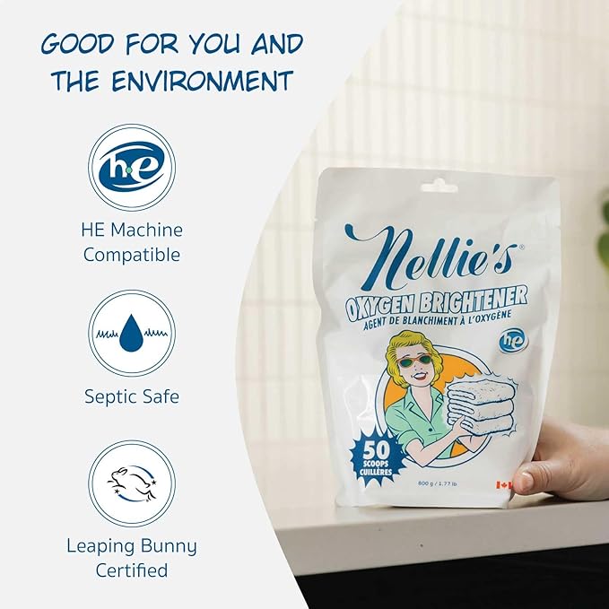 Nellie’s Oxygen Brightener –Powder Stain Remover for Laundry – Brightens Whites, Protects Colors – Bleach-Free, Septic-Safe (50 Scoops) - Made in Canada