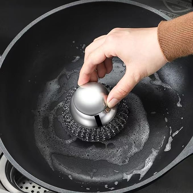 2Pack Steel Wool Dish Scrubber, Stainless Steel Dish Brush with Ergonomic Stainless Steel Handle, for Cleaning Dishes, Cast Iron, Stock Pots, Pans, Griddles, Grills