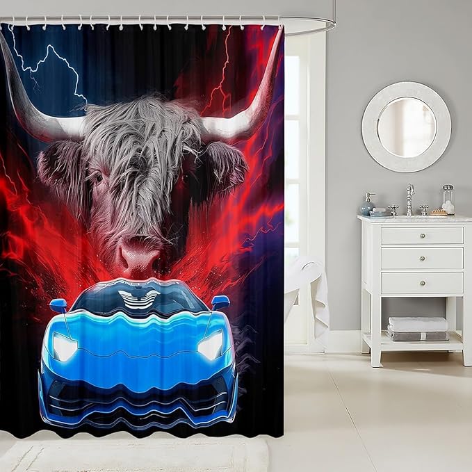 Sports Car Shower Curtain 72"Wx72"L Highland Cow Bathtubs Shower Curtain Set,Farm Animals Racing Car Bath Curtain Cool Red Blue Lightning Bathroom Accessories,Boys Kids Car Themed Toilet Decor