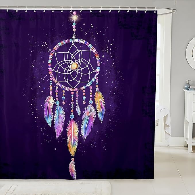 Luxury Dreamcatcher Bathroom Shower Curtain Set Boho Dream Catcher Decor Bath Curtain Colorful Feather Shower Curtain for Stalls Bathtubs Room Decor Purple Waterproof Bathroom Curtains 72x84 Inch