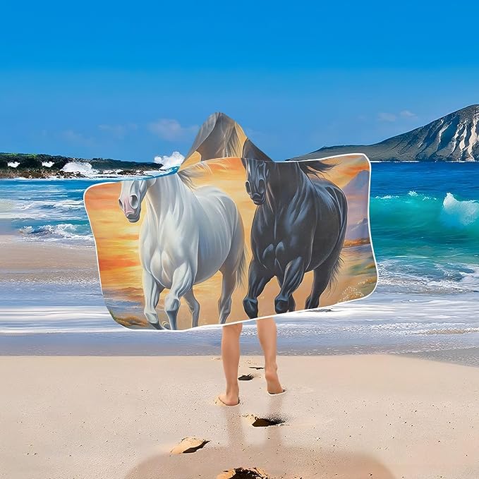 SUABO Kids' Bath Towels Two Running Horse Hooded Towels for Boys Girls,Toddler Towels Multi-Purpose for Beach,Pool and Bathroom,23.5" x 50", Soft and Highly Absorbent