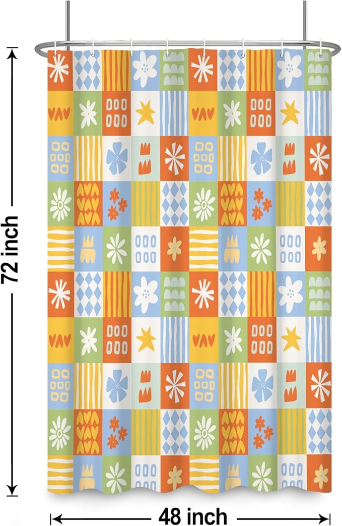 Boho Checkered Floral Shower Curtain Set Multicolored Geometric Flower Print Shower Curtains for Bathroom Waterproof Fabric Bathtub Decorations with Hooks 48x72 Inches