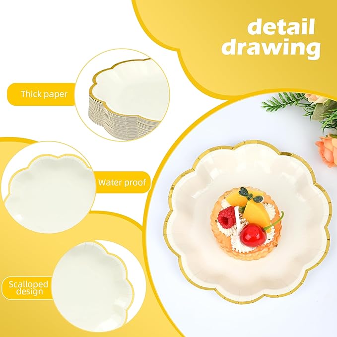 AimFun 24 Pcs Beige Party Plates Cream Dessert Paper Plates 7inch Gold Foil Scalloped Edge Disposable Cake Plates for Birthday Bridal Baby Shower Wedding Party Supplies