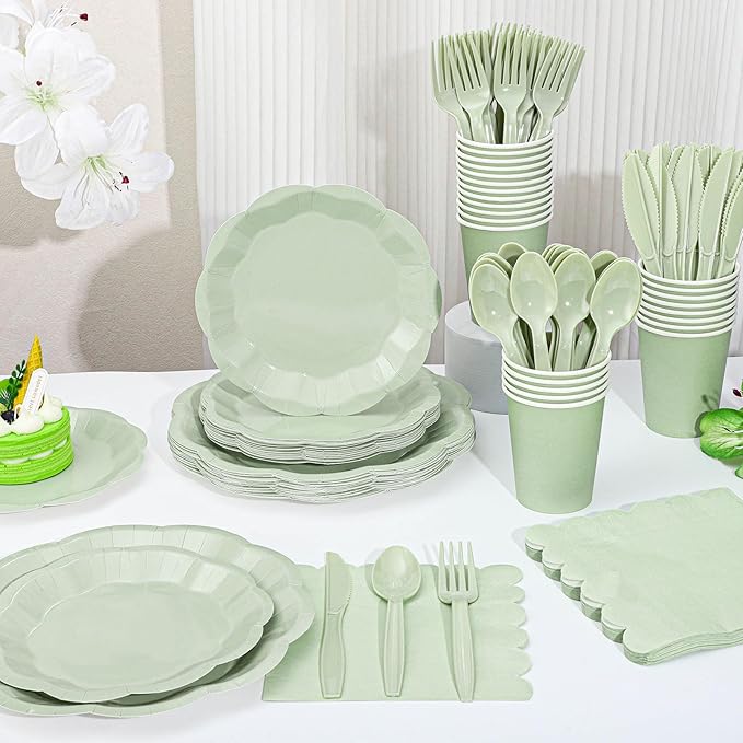 NatNarr 175 Pcs Sage Green Plates and Napkins Set, 25 Guest Sage Green Party Supplies Include Scalloped Paper Plate Napkin Cup Forks Knives Disposable Plastic Cutlery for Wedding Baby Shower Birthday