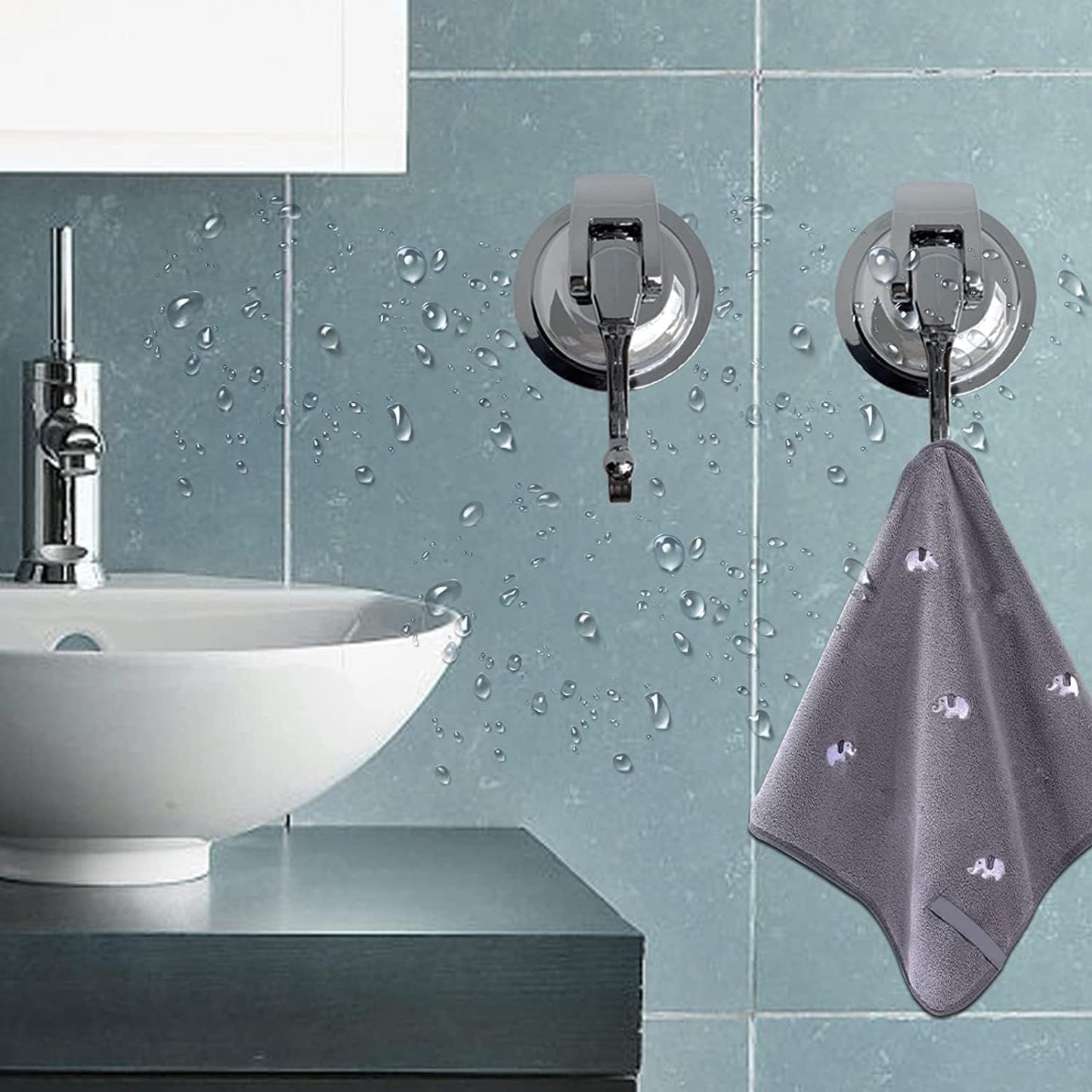Heavy Duty Vacuum Suction Shower Hooks - Glass Suction Cup Hooks, Bathroom Robe Hooks, Reusable, No Hole Punched, for Garland Decoration (Silver Grey, 4 Pack)