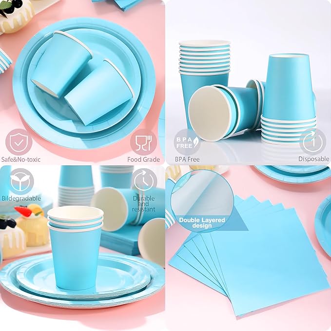 200Pcs Blue Paper Plates and Napkins Cups, Blue Plates and Napkins Party Supplies, Boy Baby Shower Serve 50