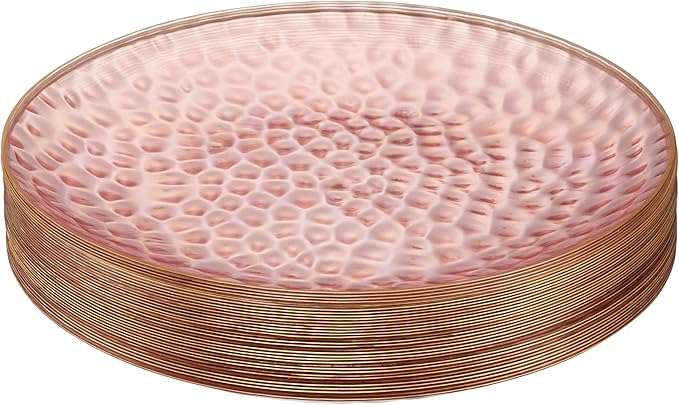 PLASTICPRO 30 Pack Hammered Plastic Plates Heavyweight Disposable Plastic Plates Elegant Clear Platsic Party Dishes (Hammered Pink With Gold Rim, 9'' INCH PLATES)