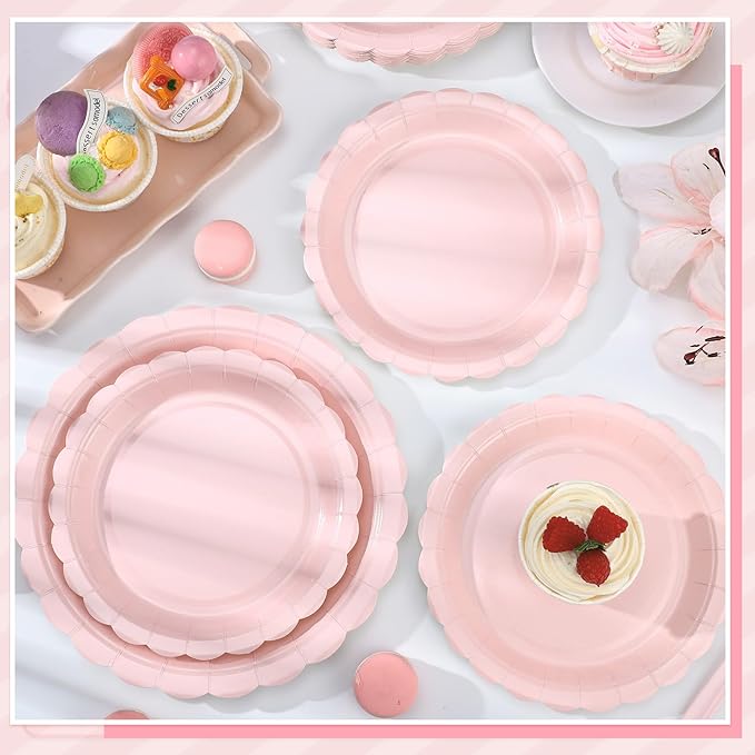NatNarr 30 Pcs Pink Paper Plates, 7 Inch Scalloped Pink Dessert Cake Plates Cute Small Birthday Appetizer Party Plate for Girls Birthday, Wedding, Bridal Baby Shower