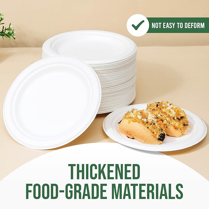 TaidMiao 7-Inch White Paper Plates 100 Pack - 100% Compostable Dessert Plates | Leakproof Disposable Plates for Party, Microwave Safe & Oil Resistant, Eco-Friendly Small Dinnerware (100 Count)