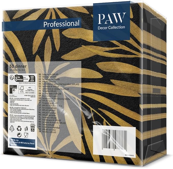 PAW - 50 Pieces Linen-Feel Paper Paper Napkins 16" x 16", Disposable Cloth-Like Napkins with Golden Leaves Design, Dinner Napkins for Party, Wedding, Barbecue, Picnic