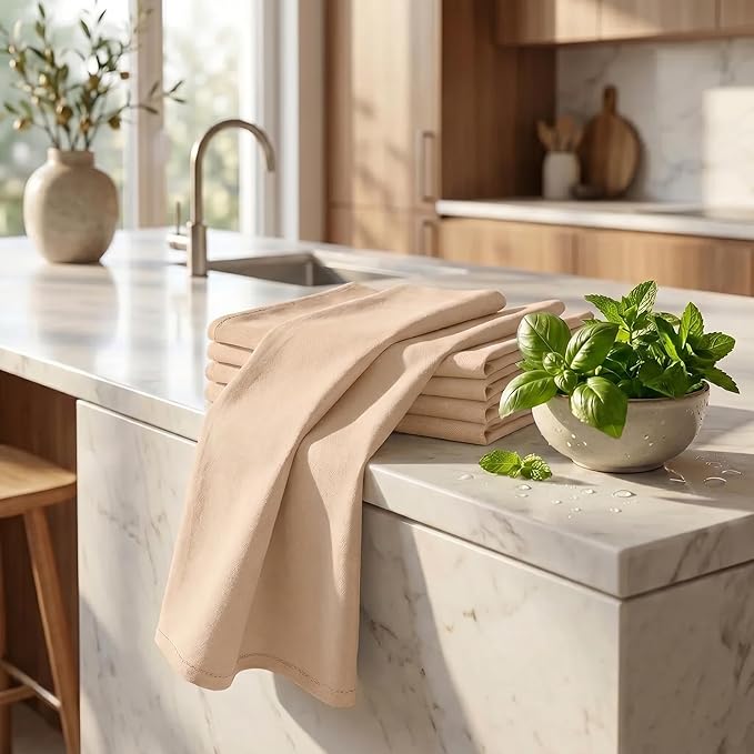 Urban Villa Kitchen Towels 100% Cotton Dish Towels for Kitchen(Set of 6)20”x30” Dish Cloths Highly Absorbent Kitchen Linen Set with Hanging Loop Perfect for Drying Dishes Cleaning Hand Towels – Beige
