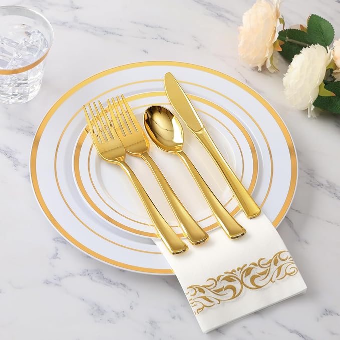 Goodluck 175 Pieces Gold Dinnerware Set for 25 Guests, Plastic Plates Disposable for Party, Include: 25 Dinner Plates, 25 Dessert Plates, 25 Paper Napkins, 25 Cups, 25 Gold Silverware Set