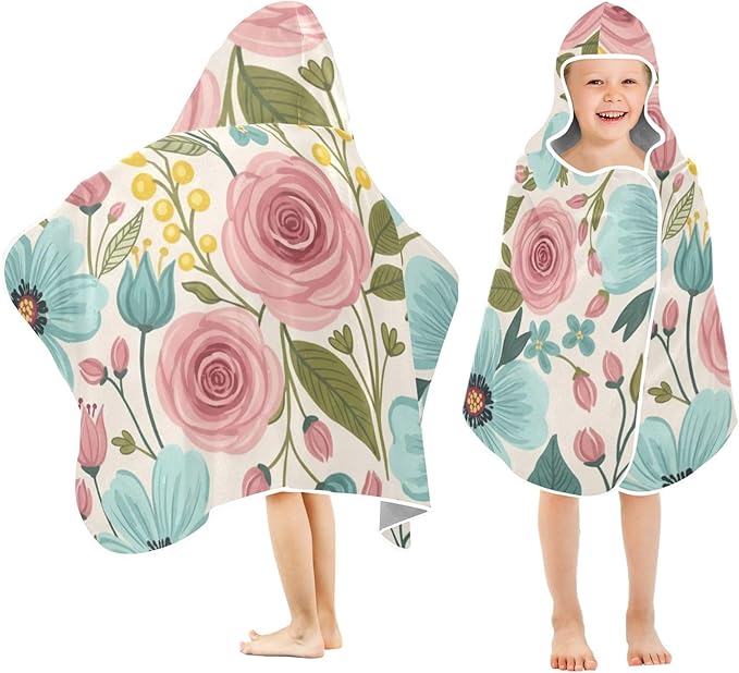 SUABO Kids' Bath Towels Spring Floral Hooded Towels for Boys Girls,Toddler Towels Multi-Purpose for Beach,Pool and Bathroom,23.5" x 50", Soft and Highly Absorbent
