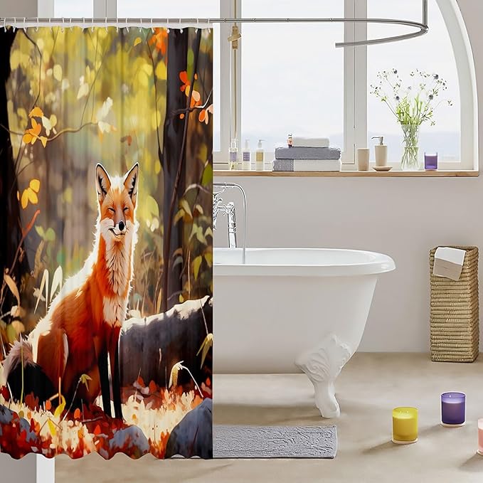 Feelyou Fox Print Shower Curtain for Stalls Bathtubs Cute Fox Bathroom Shower Curtain Set 3D Animal Theme Bath Curtain Room Decor Woodland Fox Waterproof Bathroom Curtains 72x84 Inch