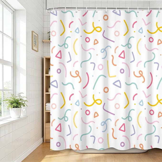 Cute Colorful Doodle Shower Curtains Playful Confetti Shower Curtain Decorative for Bathroom Pastel Waterproof Fabric Bathroom Decorations with Hooks 72x78 Inches