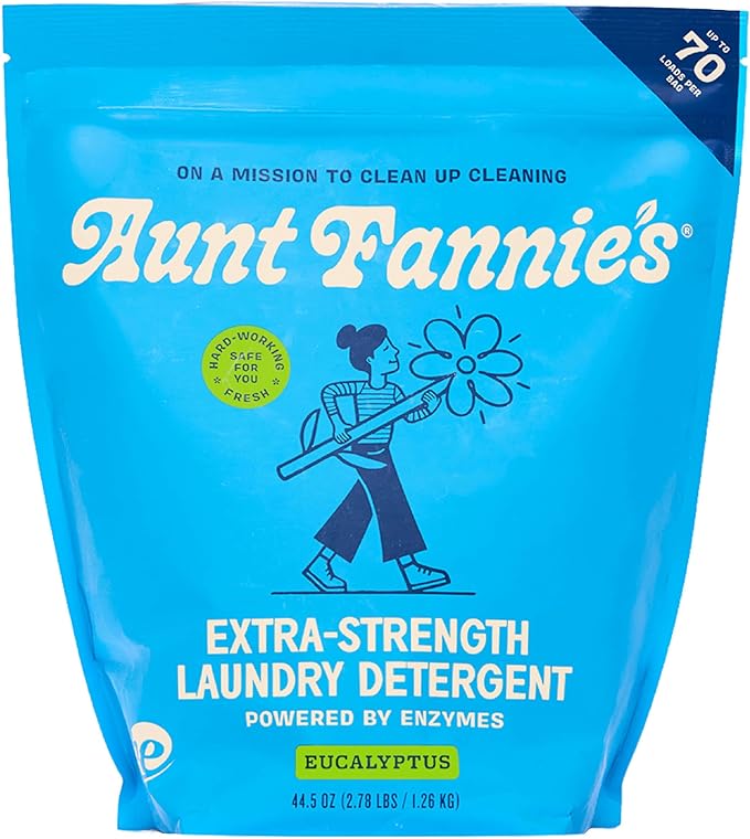 Aunt Fannie's Extra Strength Powder Laundry Detergent, Stain Fighting, Plant Based, Natural Ingredients, 70 Loads Per Bag, Eucalyptus, 44 Oz