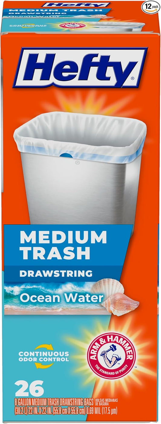 Hefty Medium Trash Bags,Ocean Water Scent,8 Gallon,26 Count (Pack of 12)