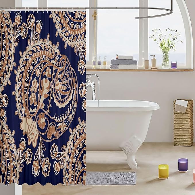 Feelyou Paisley Bath Curtain Kids Boho Paisley Print Shower Curtain Bohemian Exotic Style Bathroom Shower Curtain Set for Indian Style Navy Blue Kids Bathroom Accessories 72"x84"