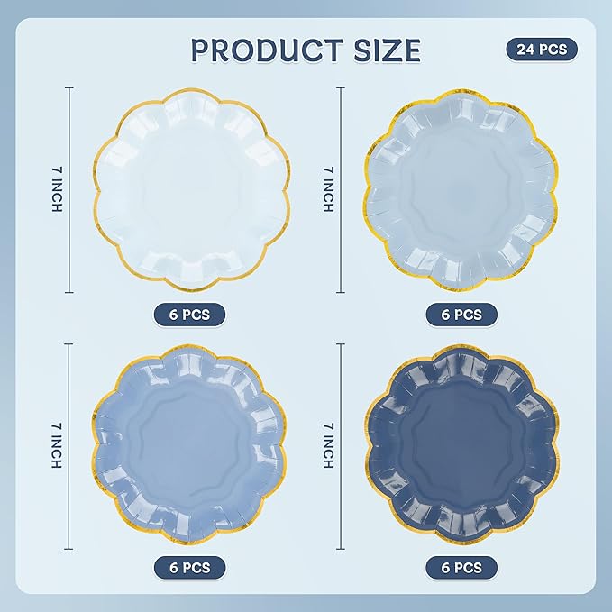 AimFun 24 Pcs Dusty Blue Party Plates Gradient Blue Dessert Paper Plate 7 Inch Gold Foil Scalloped Edge Disposable Cake Plates for Father’s Day Birthday Bridal Baby Shower Wedding Party Supplies